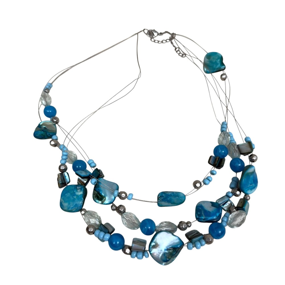 Beaded Chunky Necklace Turquoise Blue Statement 3 Strand Costume Jewelry 10 in - Picture 3 of 5